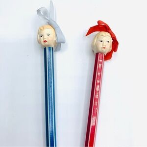 Rare Set of 2 Vintage Pencils With Doll Head Toppers